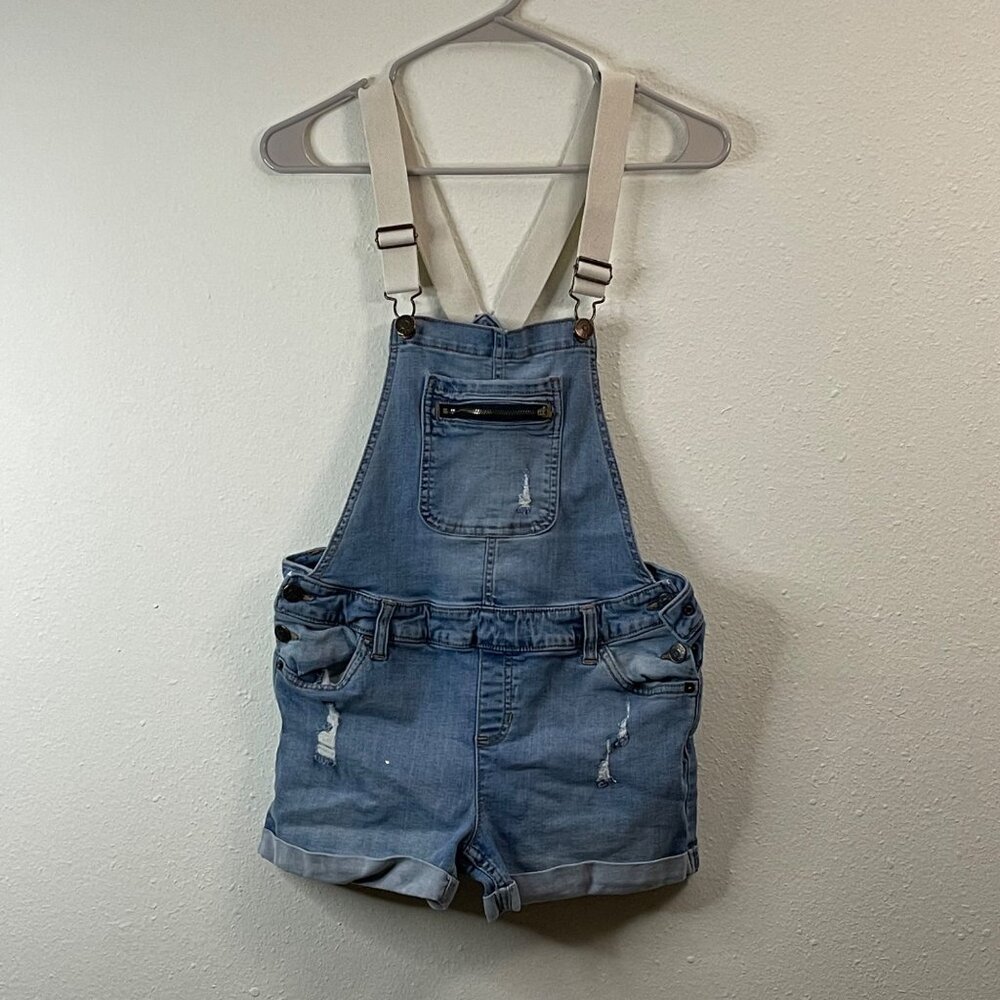 Distressed blue denim short jumpsuit with adjustable white straps, Size 16 - Picture 2 of 12